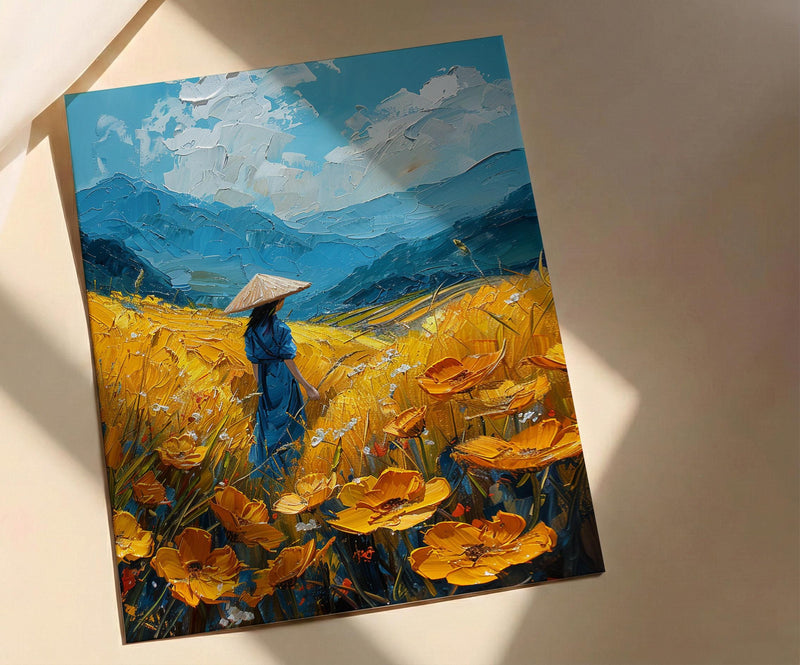 Vietnam Rice Terrace, Summer Farm Decor - Conical Hat Print