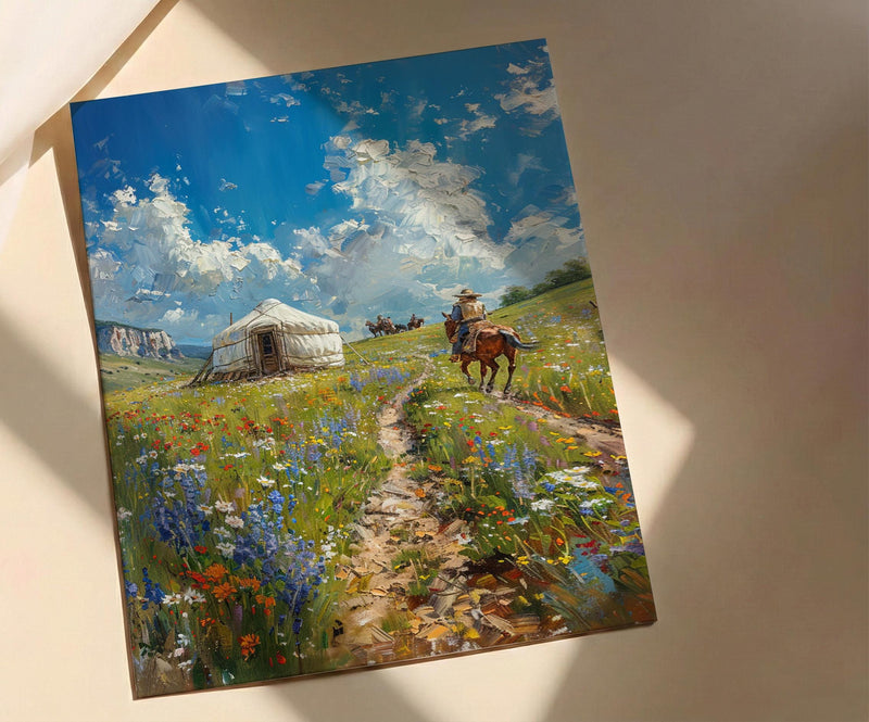 Mongolian Steppe Art, White Yurt Decor - Nomad Summer Print