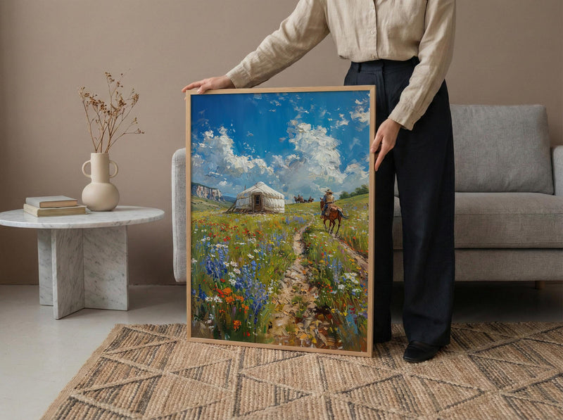 Mongolian Steppe Art, White Yurt Decor - Nomad Summer Print
