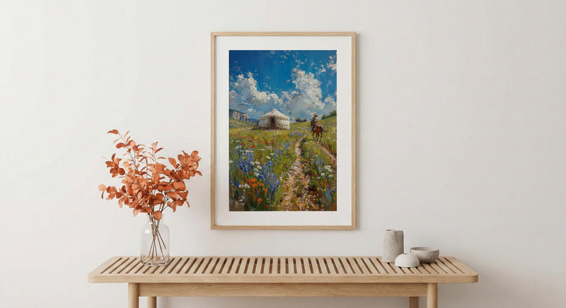 Mongolian Steppe Art, White Yurt Decor - Nomad Summer Print