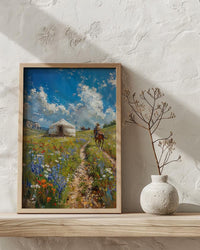 Mongolian Steppe Art, White Yurt Decor - Nomad Summer Print