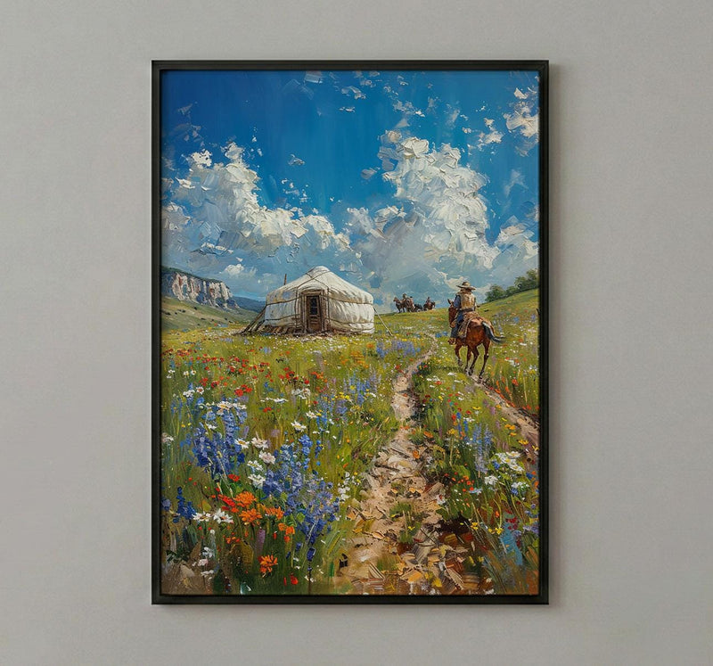 Mongolian Steppe Art, White Yurt Decor - Nomad Summer Print