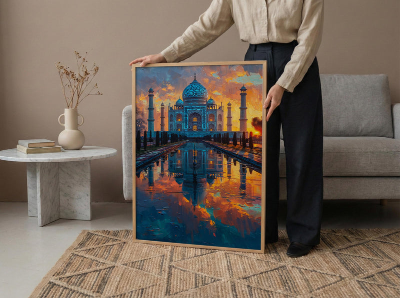 Taj Mahal Art Print, Peach Sunrise Decor - India Landscape