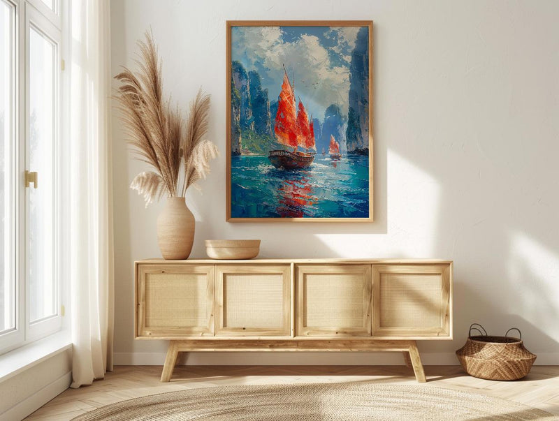 Ha Long Bay Poster, Wooden Boat Decor - Vietnam Landscape