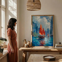 Ha Long Bay Poster, Wooden Boat Decor - Vietnam Landscape