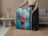 Ha Long Bay Poster, Wooden Boat Decor - Vietnam Landscape