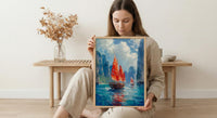 Ha Long Bay Poster, Wooden Boat Decor - Vietnam Landscape