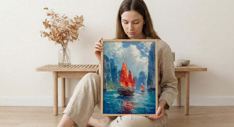 Ha Long Bay Poster, Wooden Boat Decor - Vietnam Landscape