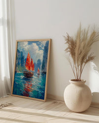 Ha Long Bay Poster, Wooden Boat Decor - Vietnam Landscape