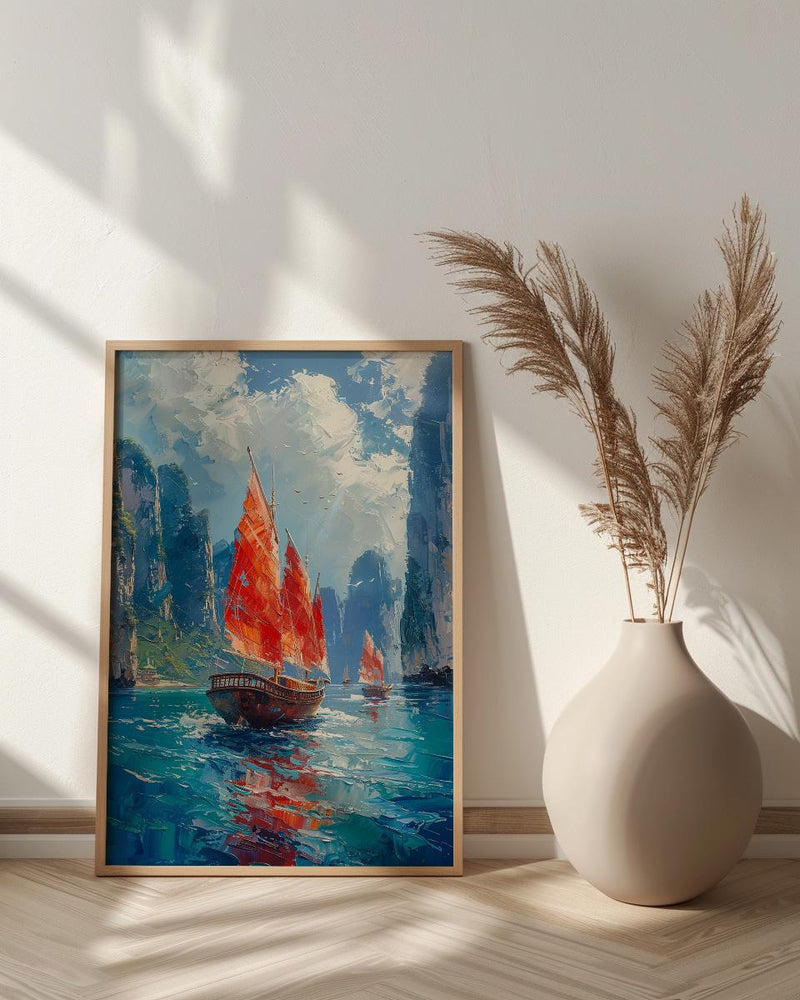 Ha Long Bay Poster, Wooden Boat Decor - Vietnam Landscape