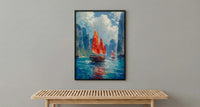 Ha Long Bay Poster, Wooden Boat Decor - Vietnam Landscape