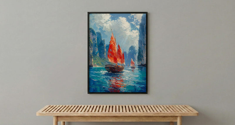 Ha Long Bay Poster, Wooden Boat Decor - Vietnam Landscape