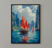 Ha Long Bay Poster, Wooden Boat Decor - Vietnam Landscape