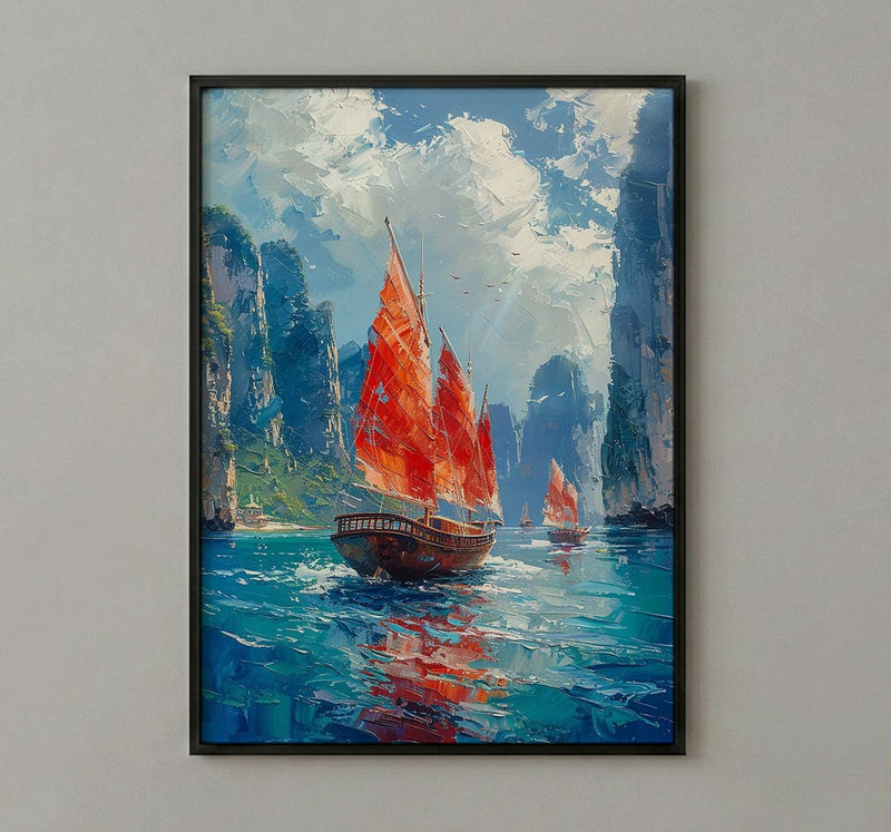 Ha Long Bay Poster, Wooden Boat Decor - Vietnam Landscape