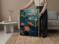 Japanese Koi Pond Poster, Zen Garden Decor - Pink Water Lily Art