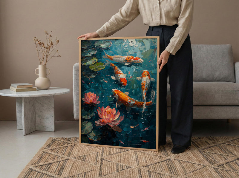 Japanese Koi Pond Poster, Zen Garden Decor - Pink Water Lily Art