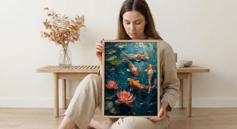 Japanese Koi Pond Poster, Zen Garden Decor - Pink Water Lily Art