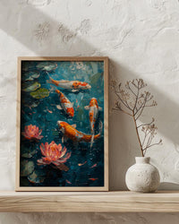 Japanese Koi Pond Poster, Zen Garden Decor - Pink Water Lily Art