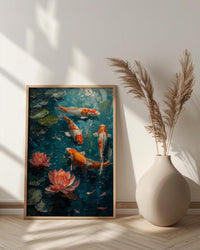 Japanese Koi Pond Poster, Zen Garden Decor - Pink Water Lily Art