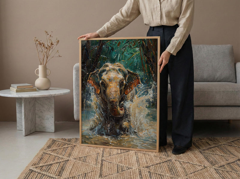 Thai Elephant Art Print, Tropical Jungle Decor - Splashing Water
