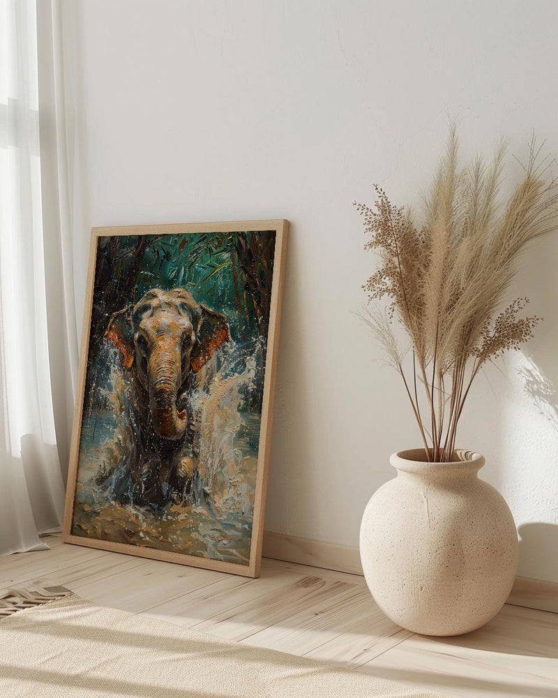 Thai Elephant Art Print, Tropical Jungle Decor - Splashing Water