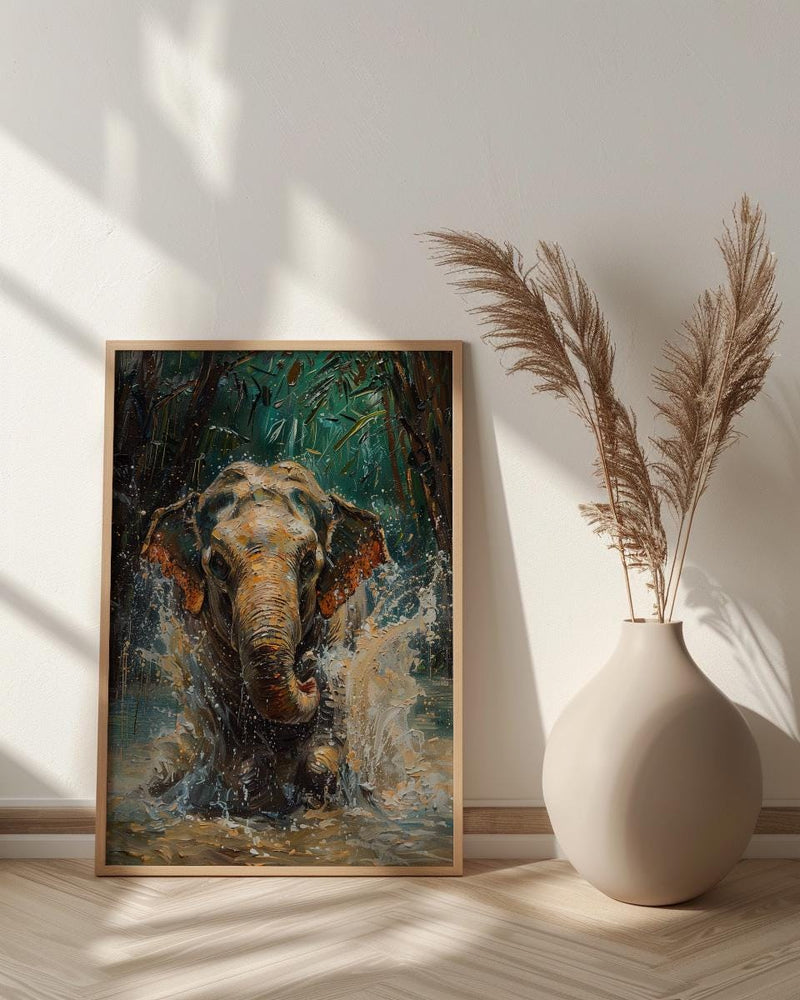 Thai Elephant Art Print, Tropical Jungle Decor - Splashing Water