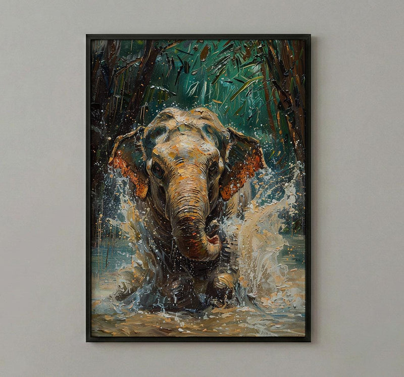 Thai Elephant Art Print, Tropical Jungle Decor - Splashing Water