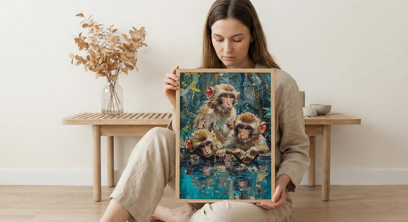 Japanese Macaque Art, Hot Spring Decor - Lush Green Forest Print