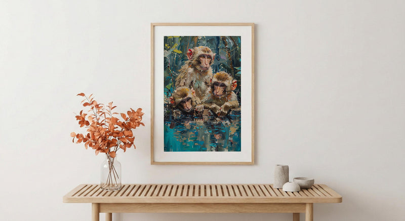 Japanese Macaque Art, Hot Spring Decor - Lush Green Forest Print