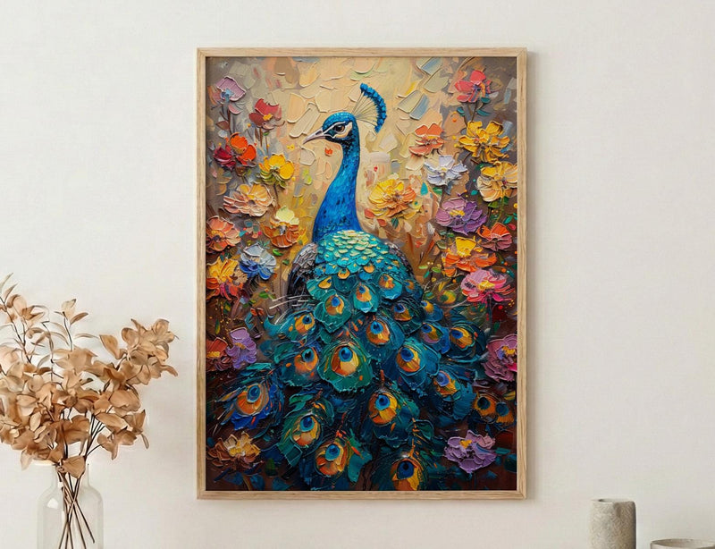 Blue Peacock Wall Art, India Palace Decor - Ornate Royal Garden