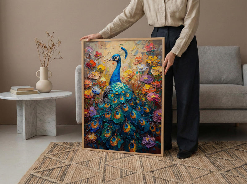 Blue Peacock Wall Art, India Palace Decor - Ornate Royal Garden