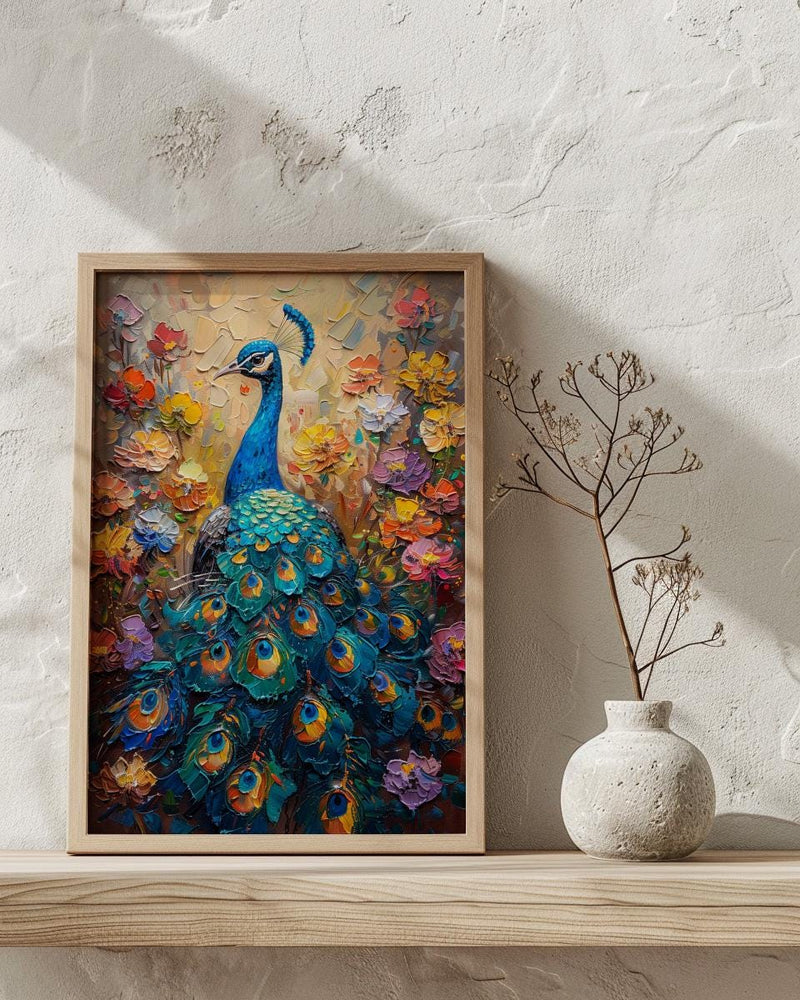 Blue Peacock Wall Art, India Palace Decor - Ornate Royal Garden