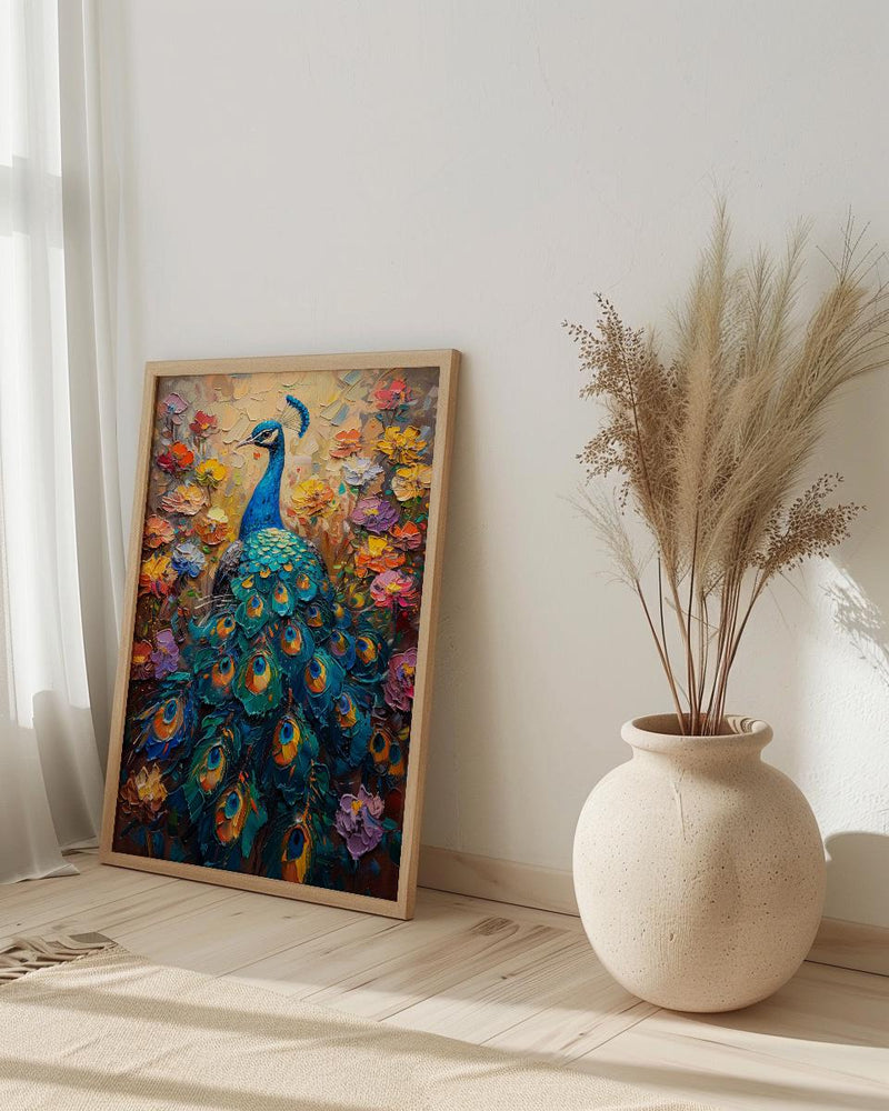 Blue Peacock Wall Art, India Palace Decor - Ornate Royal Garden