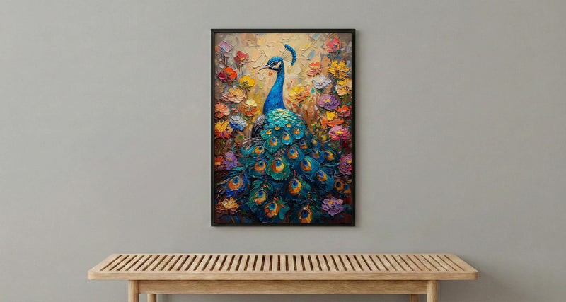 Blue Peacock Wall Art, India Palace Decor - Ornate Royal Garden