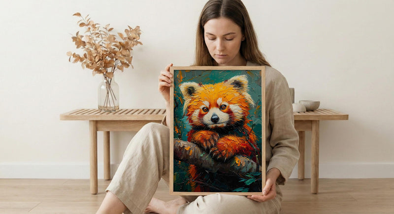 Red Panda Poster, Himalayan Nature Decor - Mossy Tree Branch Art