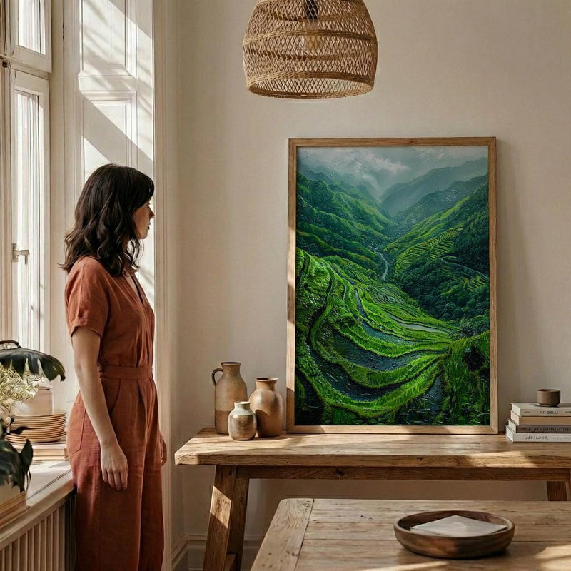 Rice Terrace Art Print, Emerald Green Decor - Curved Landscape