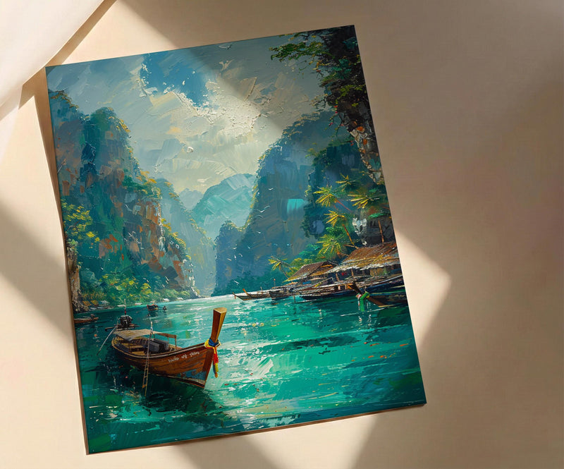 Phuket Ocean Poster, Turquoise Water Decor - Longtail Boat Print