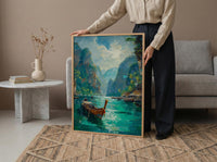 Phuket Ocean Poster, Turquoise Water Decor - Longtail Boat Print