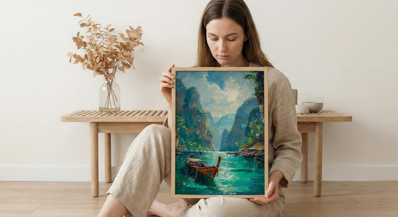 Phuket Ocean Poster, Turquoise Water Decor - Longtail Boat Print