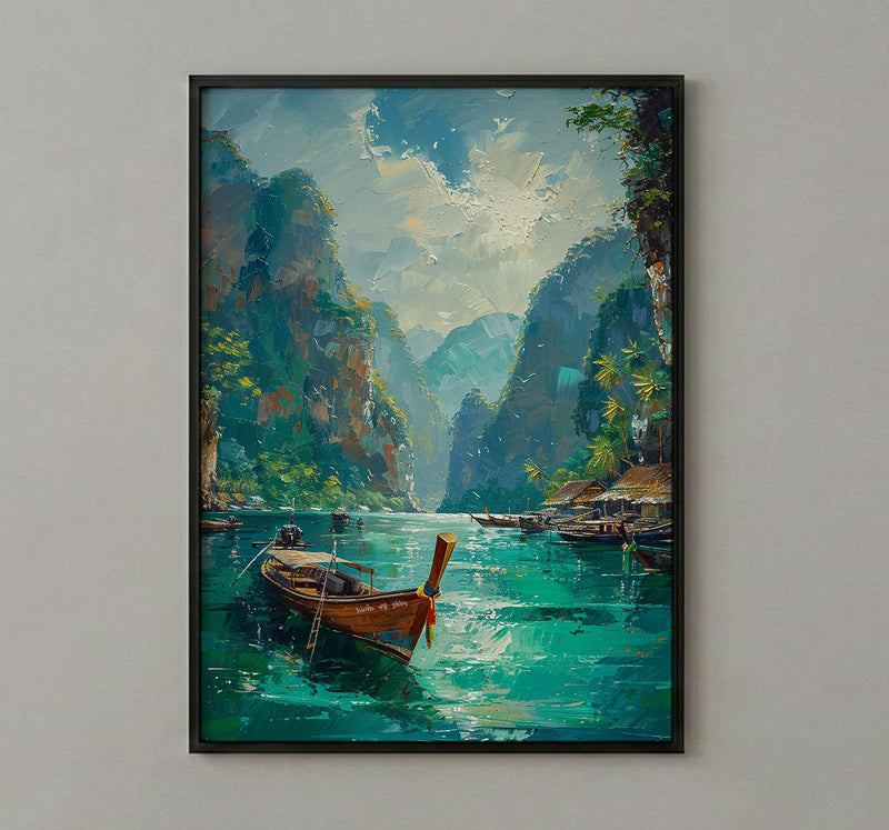 Phuket Ocean Poster, Turquoise Water Decor - Longtail Boat Print