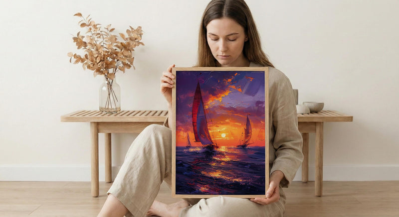 Boracay Sunset Wall Art, Paraw Sailboat Decor - Purple Ocean Print