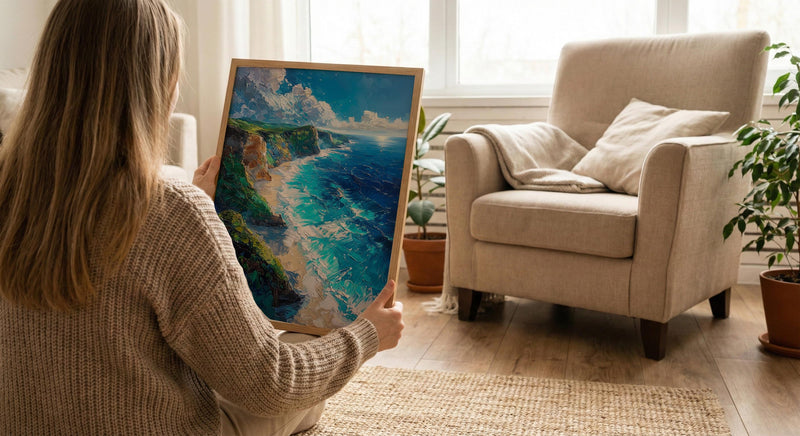 Nusa Penida Poster, Dinosaur Cliff Decor - Deep Blue Ocean Art