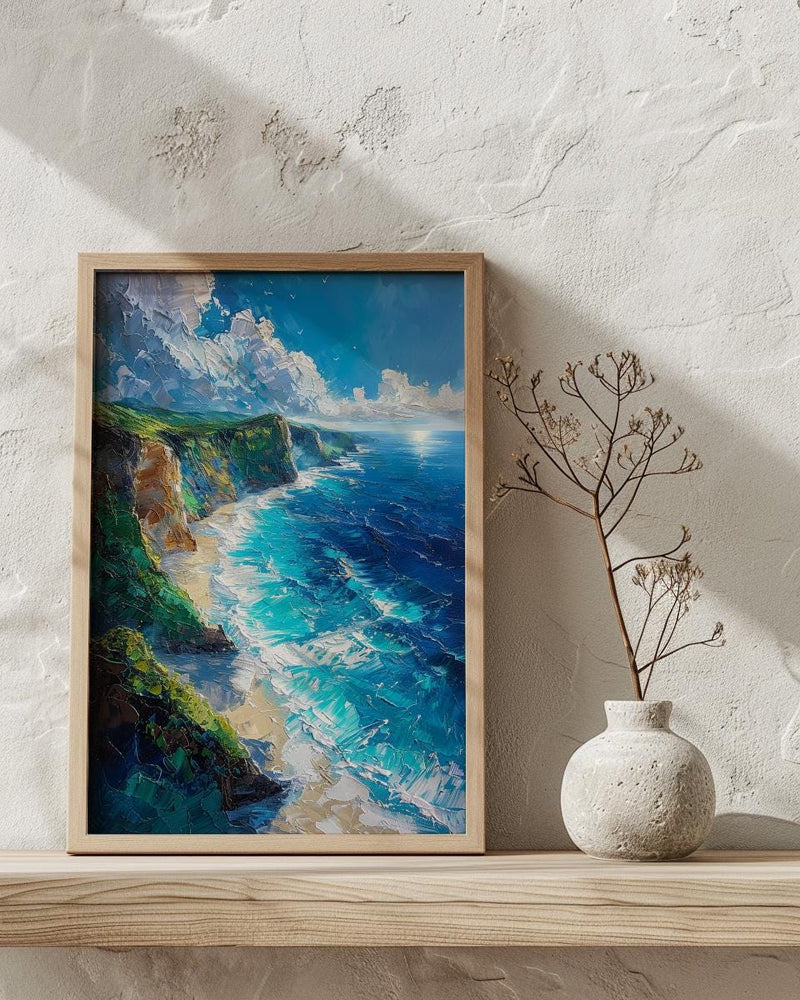 Nusa Penida Poster, Dinosaur Cliff Decor - Deep Blue Ocean Art