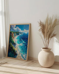Nusa Penida Poster, Dinosaur Cliff Decor - Deep Blue Ocean Art
