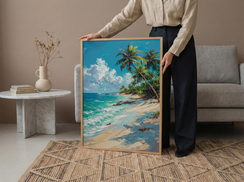 Koh Samui Beach Art, White Sand Decor - Tropical Palm Tree Print