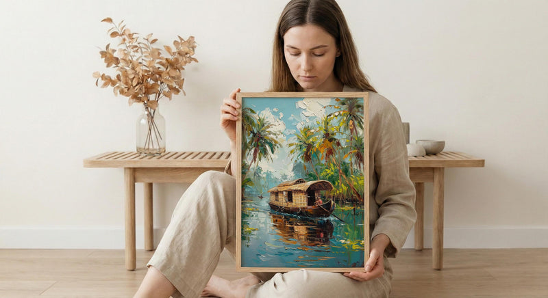 Kerala Backwater Poster, Wooden Houseboat - Tropical River Decor