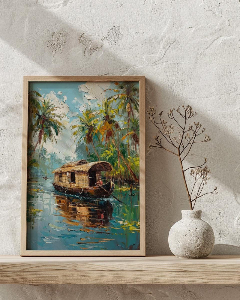Kerala Backwater Poster, Wooden Houseboat - Tropical River Decor