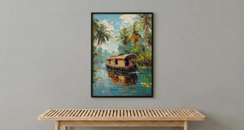 Kerala Backwater Poster, Wooden Houseboat - Tropical River Decor