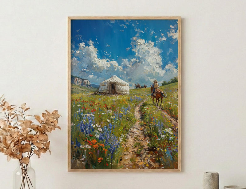 Mongolian Steppe Art, White Yurt Decor - Nomad Summer Print