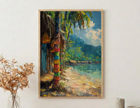 Tribal Bilum Market Town Poster, Colorful Bag Home Decor - Rustic Village Town Summer Scene